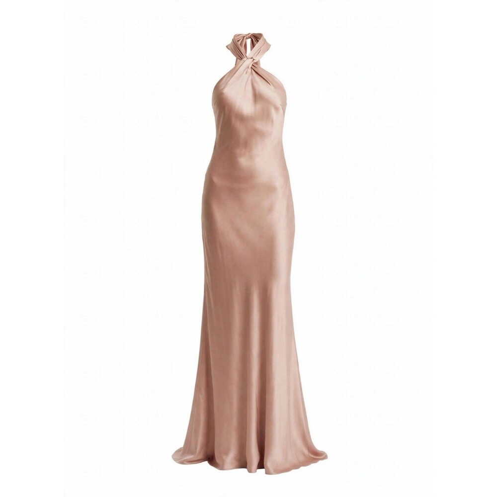 Azazie C Blush Satin Halter Twist Knot Maxi Dress Bow Formal
